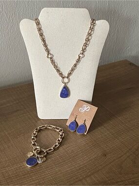 Plunder Brushed Gold-Tone Necklace, Bracelet & Earring Set with Blue Pendant